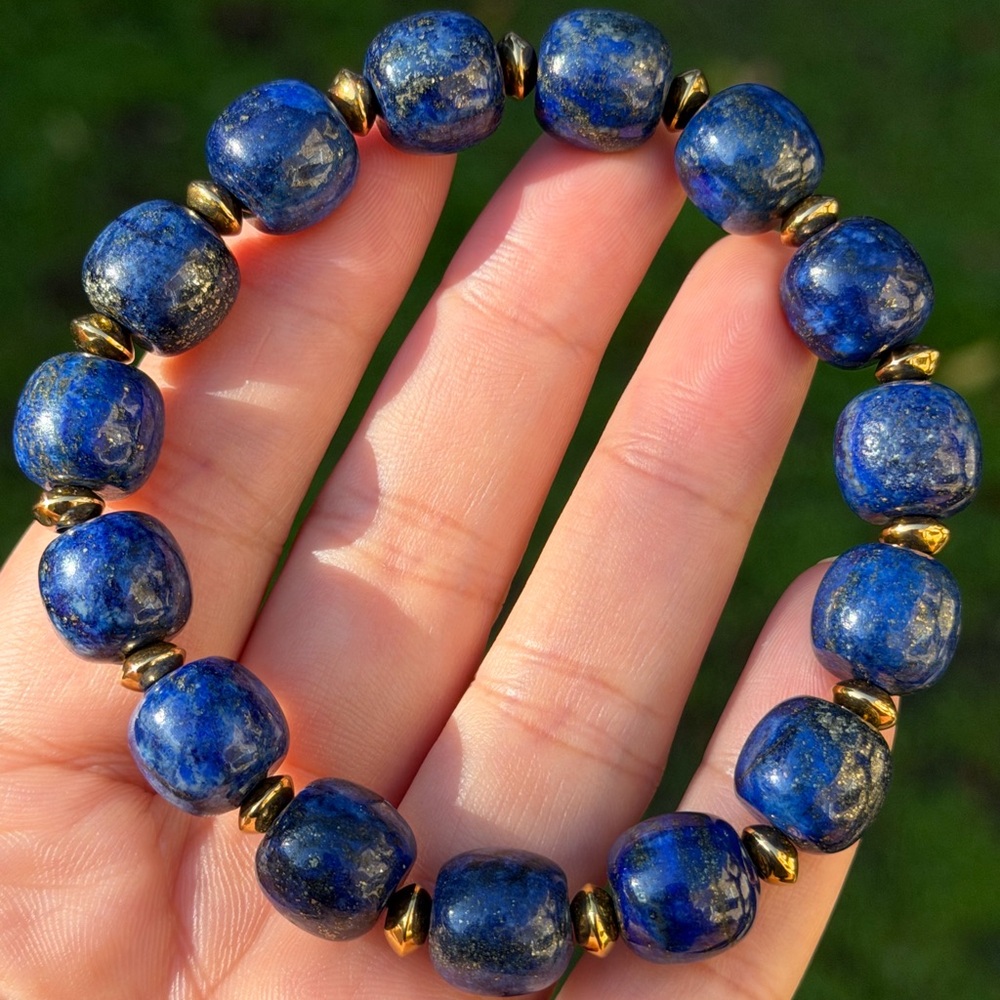 12mm stretchable‎ stainless steel lapis lazuli barrel bracelet 0770 - Picture 2 of 10